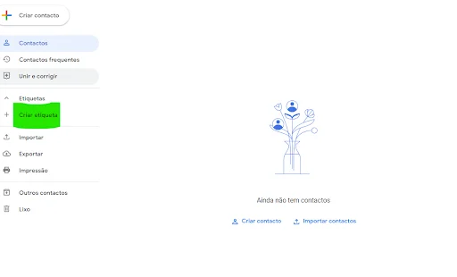 Assim que clicar nesse ícone, um menu pop-up vai ser exibido, indicando todos os serviços do Google em sua conta, incluindo a seção “contatos ”. Ao clicar em “contatos ” vai abrir uma nova janela - conforme imagem abaixo.