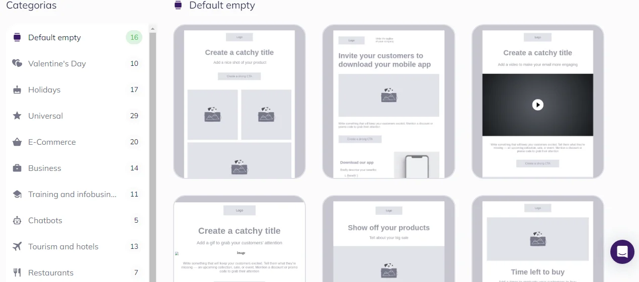 Layouts para campanha de email que o Selzy disponibiliza.
