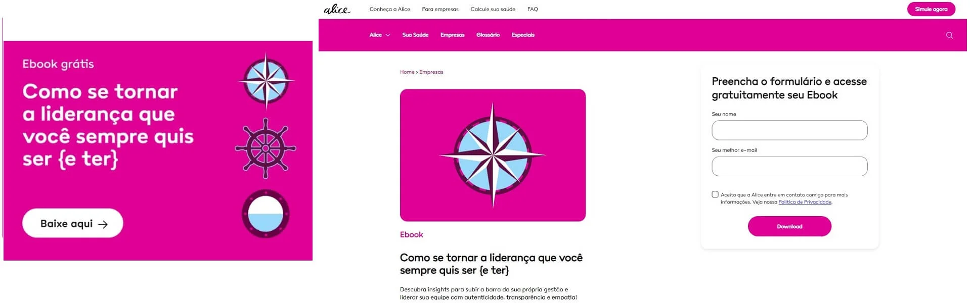 Print do site da Alice com a oferta de um ebook