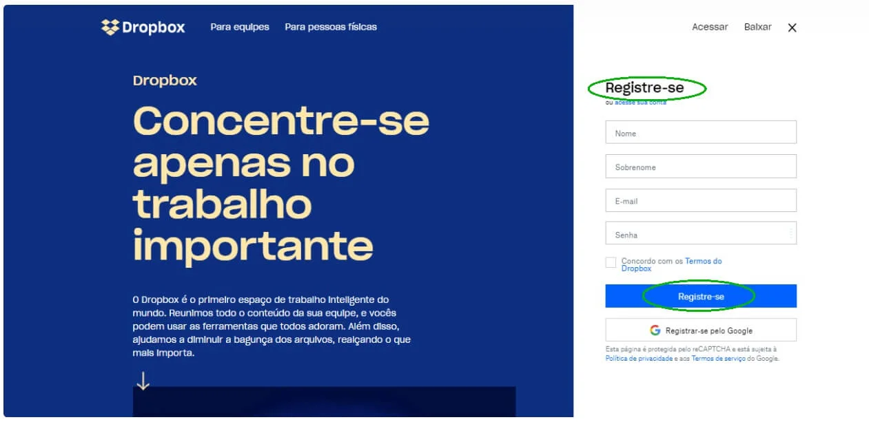 Formulário de cadastro do Dropbox