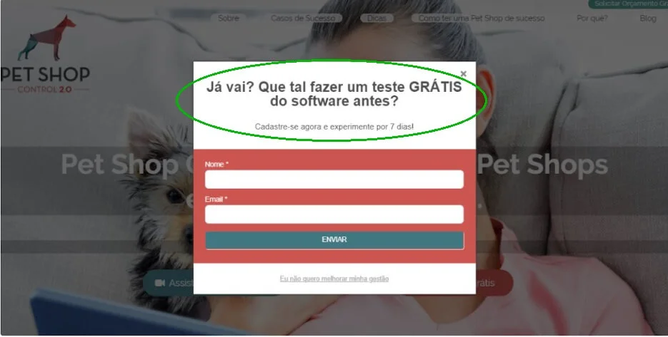 Pop-up do site da Pet Shop