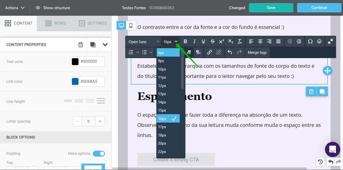 Como mudar o tamanho da fonte do e-mail com a Selzy.