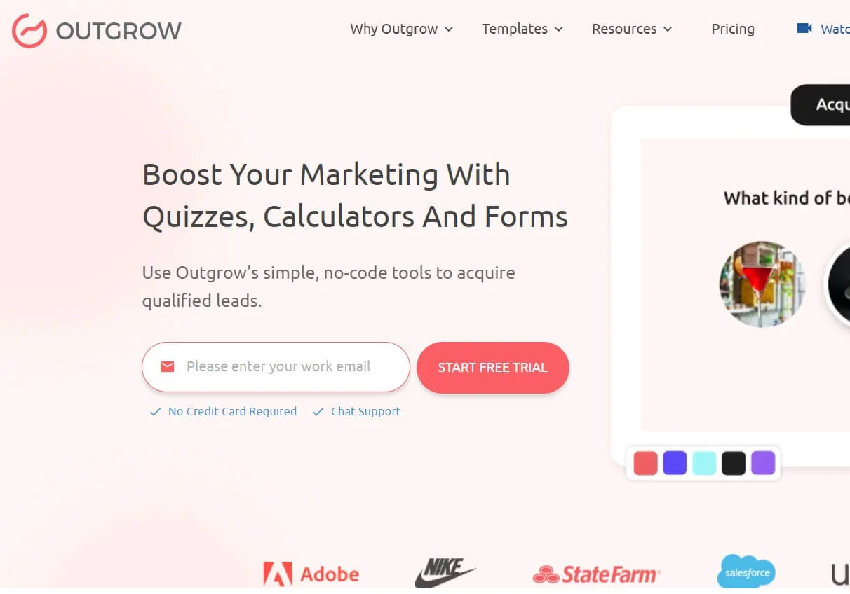 Site da Outgrow com formulário para cadastro