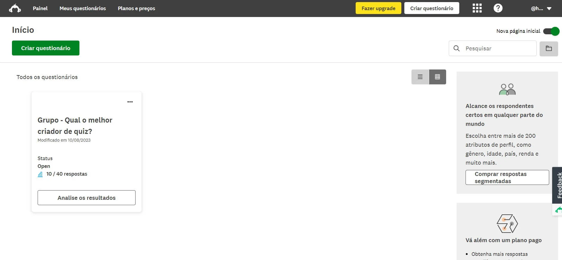 plataforma SurveyMonkey, com botão para criar questionário de fácil acesso