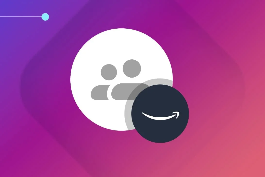 A imagem contém o logo da empresa Amazon sob o símbolo de pessoas, com um fundo de cores roxa e rosa