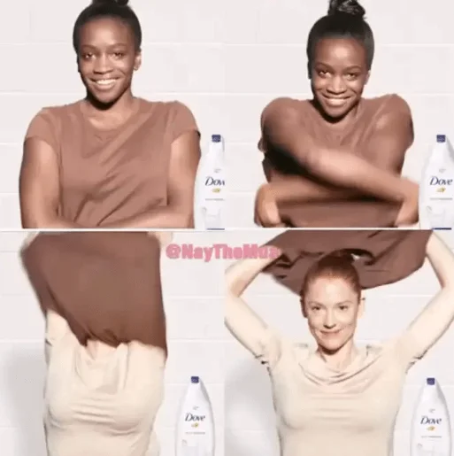 A imagem mostra duas mulheres, uma negra e outra branca, tirando suas camisetas em campanha promocional da Dove
