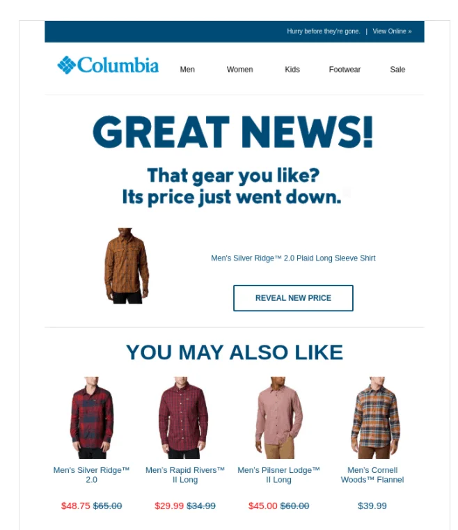 Screenshot de um e-mail enviado pela Columbia.