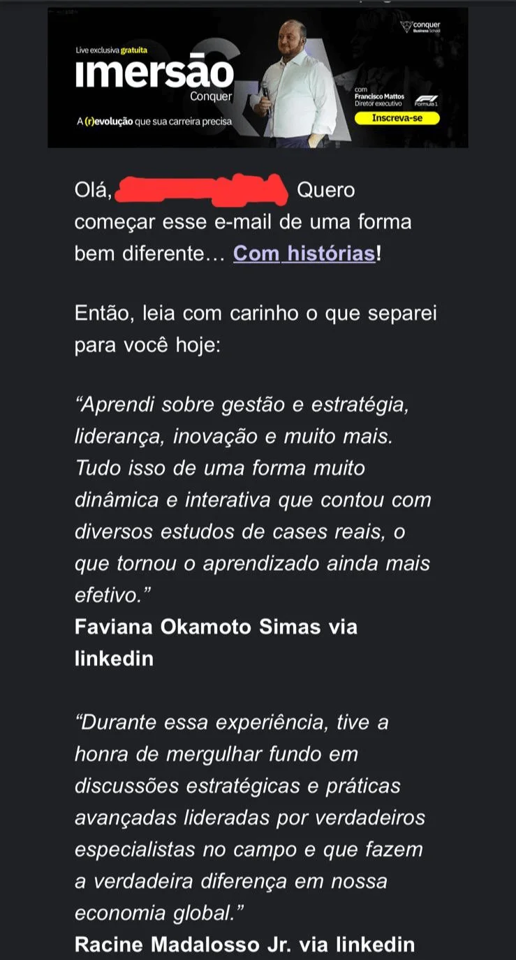Screenshot de um e-mail enviado pela Conquer.