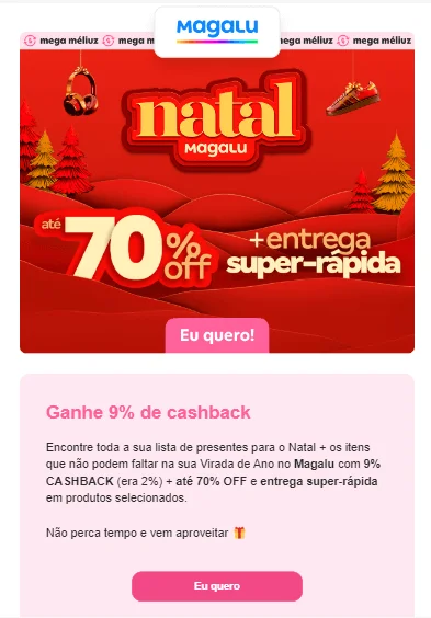 A imagem contém ilustrações natalinas e de produtos (fone de ouvido e tênis), com destaque ao texto da oferta que é “até 70% de desconto e entrega rápida”