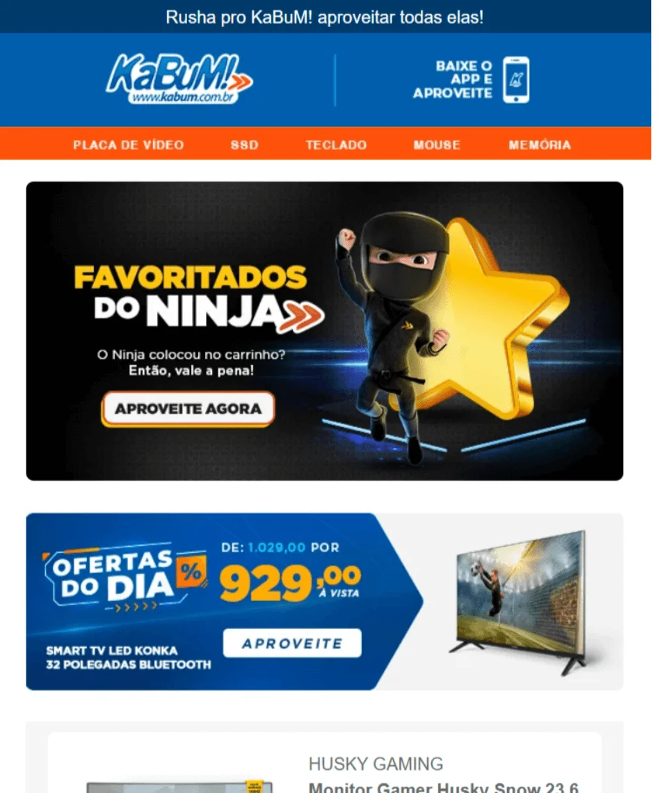 E-mail com ofertas da Kabum
