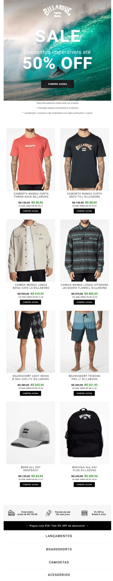 E-mail com promoções da Billabong