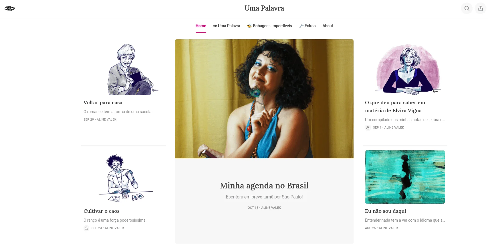 Imagem de captura de tela. É a página inicial da newsletter da Aline Valek no Substack. No centro da tela tem uma foto da autora, uma mulher de cabelo cacheado curto sorrindo. Algumas miniaturas de imagem para chamada de posts são ilustrações fofas em cores pastel. O site é claro com fontes escuras.
