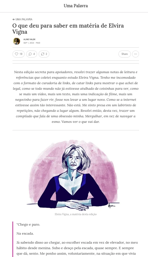 Imagem de captura de tela. Uma edição da newsletter da Aline no email. Além do texto corrido sobre fundo branco, vemos uma ilustração simples e bonita de uma senhora encarando a tela, os braços sobre uma mesa. É um texto sobre Elvira Vigna.