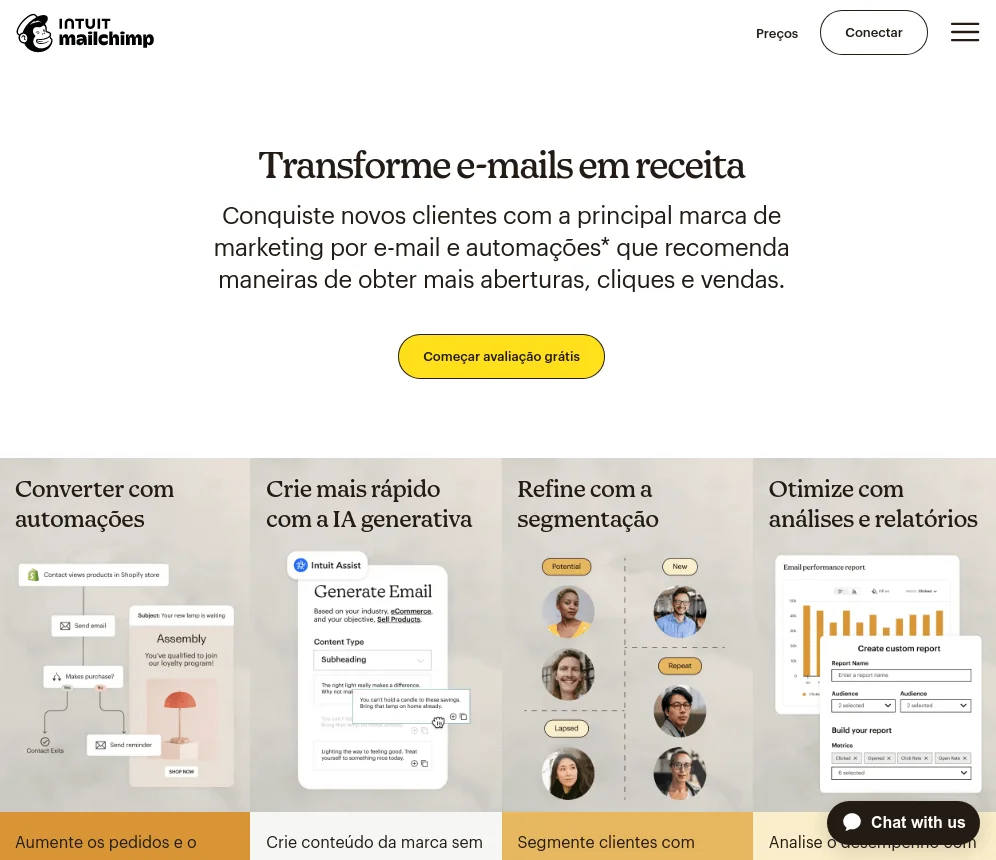 captura de tela da página inicial da Mailchimp. Há um cabeçalho com menu principal e o logo da empresa, a cabeça de um macaco sorrindo de chapéu de marinheiro com o nome MailChimp. Na página há uma chamada para começar a newsletter e abaixo alguns benefícios oferecidos pela plataforma.