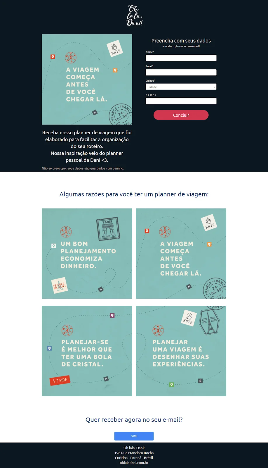 Landing page da empresa Oh Lala, Dani! oferecendo um planner de viagem.
