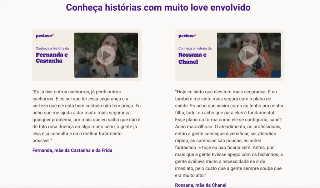 Landing Page da Pet Love com vídeo e texto de depoimento de clientes.