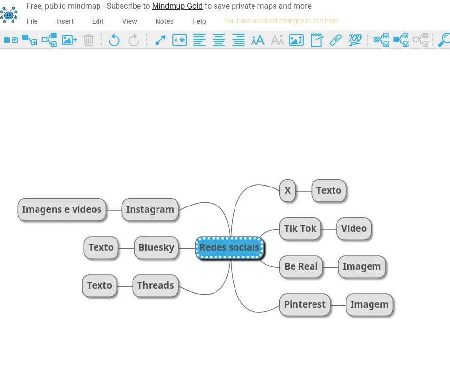 Captura de tela de fundo branco, mostrando um diagrama com a ideia central “Redes sociais” em fundo azul, com conexões em linhas pretas ligando a palavras com fundo cinza contendo algumas redes sociais. Acima de tudo, um menu de contexto.