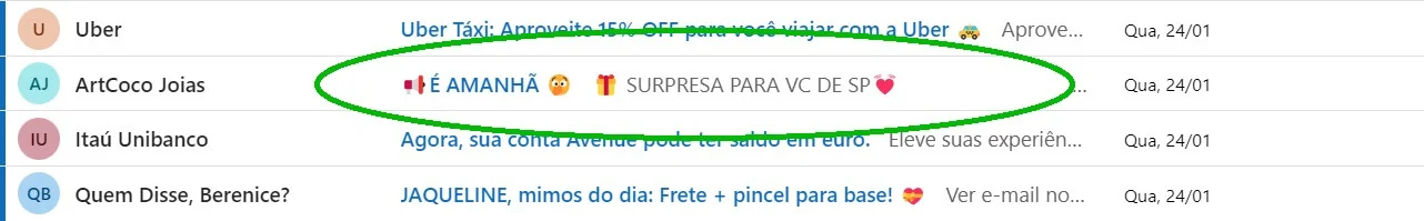 A imagem mostra uma caixa de entrada de um e-mail pessoal, destacando uma linha de assunto criativa