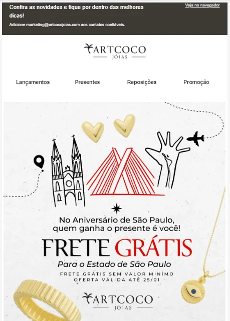 Destaque para o assunto do e-mail da marca ARTCOCO, que é curto, contém emoji, é criativo e gera curiosidade