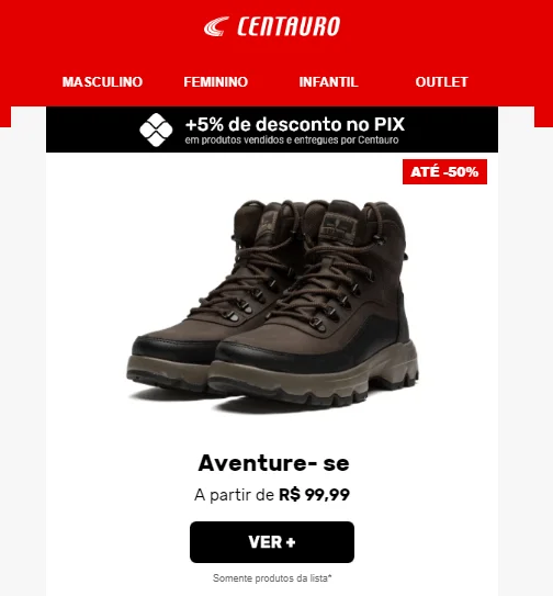Destaque para o assunto do e-mail da marca Centauro, que compartilha desconto para produto segmentado, tem emoji e tem convite criativo