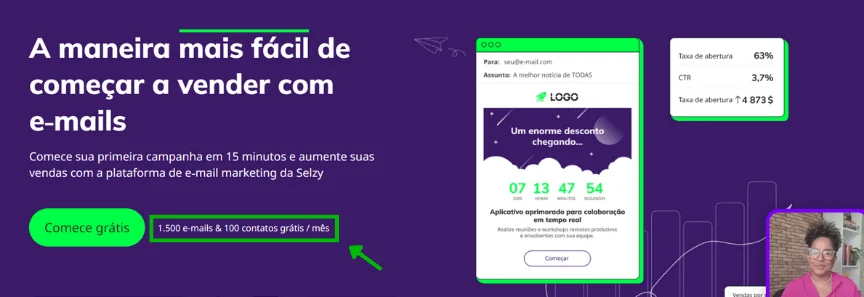 Print da tela inicial do site Selzy Brasil com o microcopy destacado.