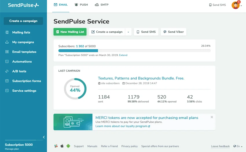 Print Screen das funcionalidades da SendPulse