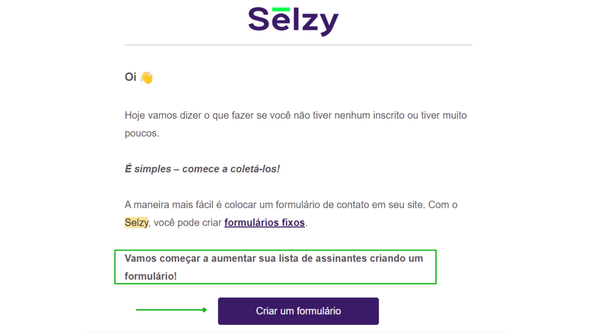 Print de um e-mail da Selzy com a frase e botão de CTA em destaque.