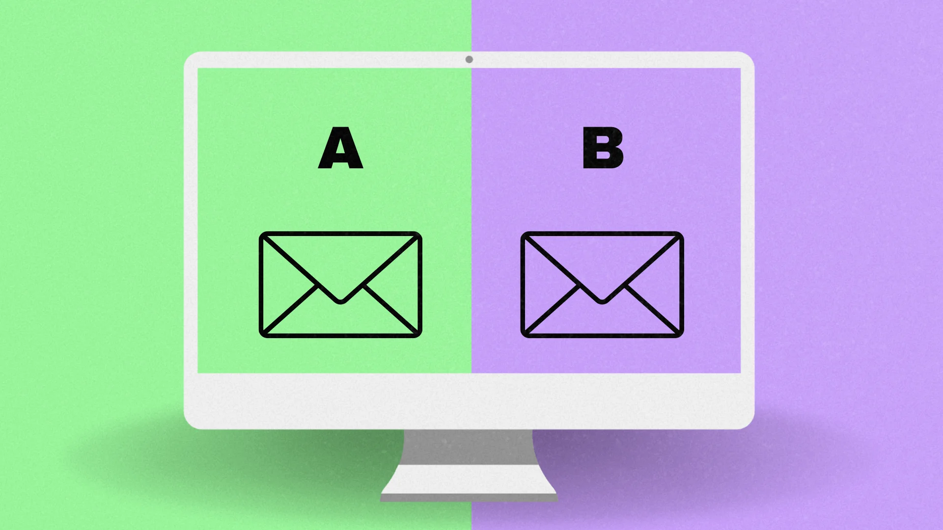 Um desenho de um computador, metade da cor verde e metade roxo, simbolizando o teste A/B.