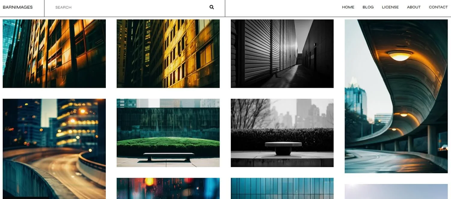Tela do banco de imagens gratuitas Barn Images com uma paisagem urbana com prédios, uma ponte, uma mesa redonda e um arbusto verde em primeiro plano