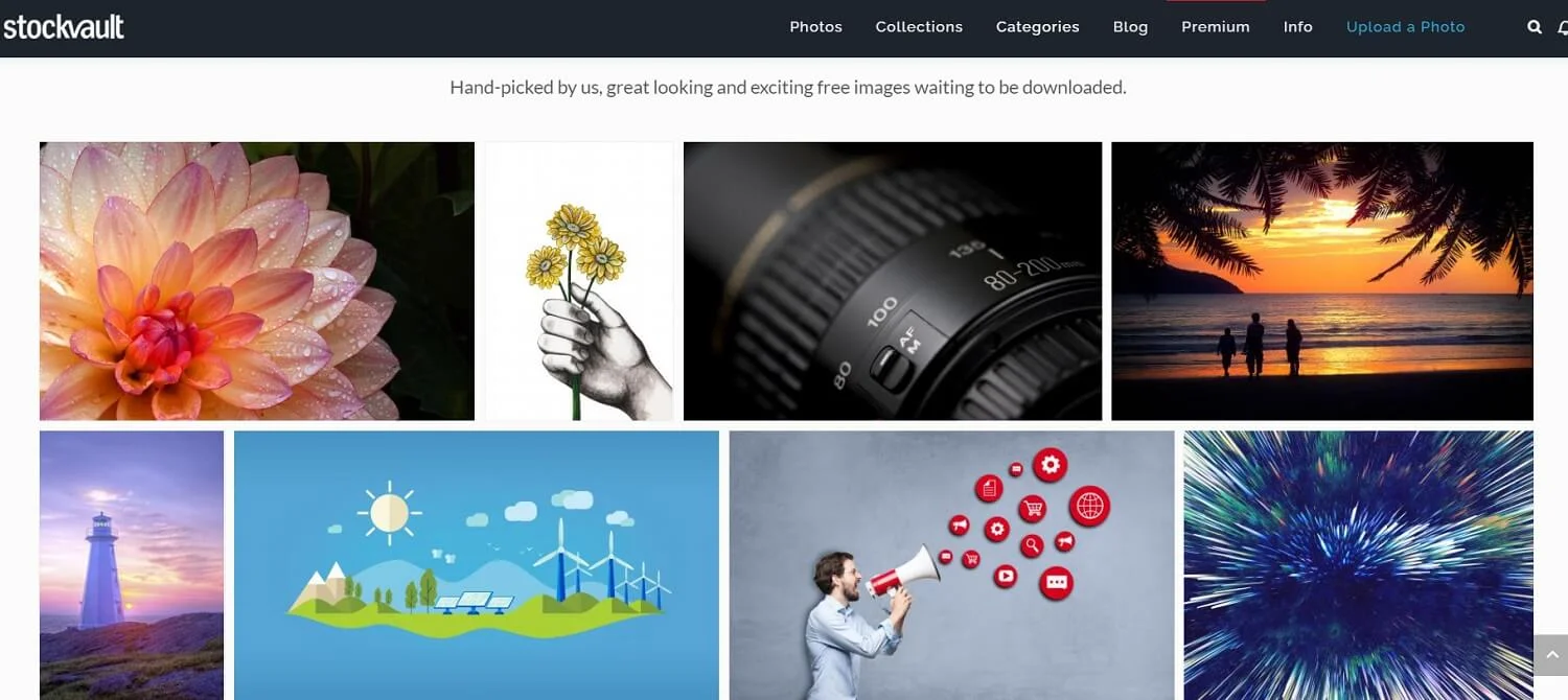 Tela do banco de imagens gratuitas Stockvault com um homem gritando em um megafone, um close de uma lente de câmera, uma flor vibrante, ilustração com moinhos de vento, uma explosão azul e verde