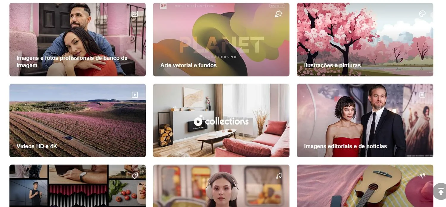 Tela do banco de imagens gratuitas Depositphotos com uma mulher de fones de ouvido, um homem de terno, uma mulher de vestido vermelho e um carro dirigindo por um campo de flores cor-de-rosa