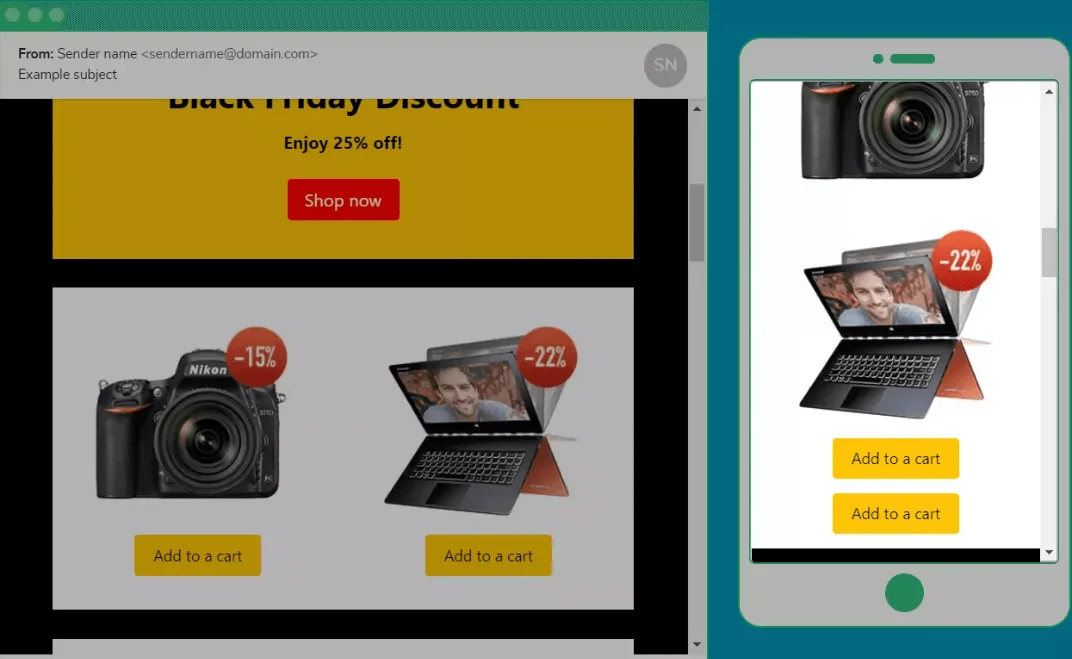 Imagem de um e-mail com ofertas funcionando tanto no celular, como responsivo, quanto no computador, para recuperar contatos inativos
