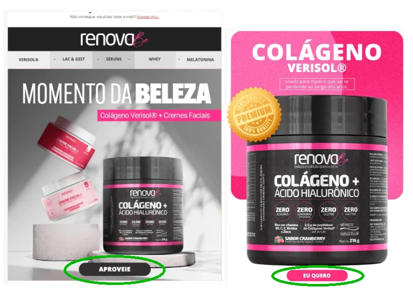 Imagem de um e-mail da marca Renova B com oferta de colágeno e mensagem de beleza com CTAs destacadas e bem posicionadas