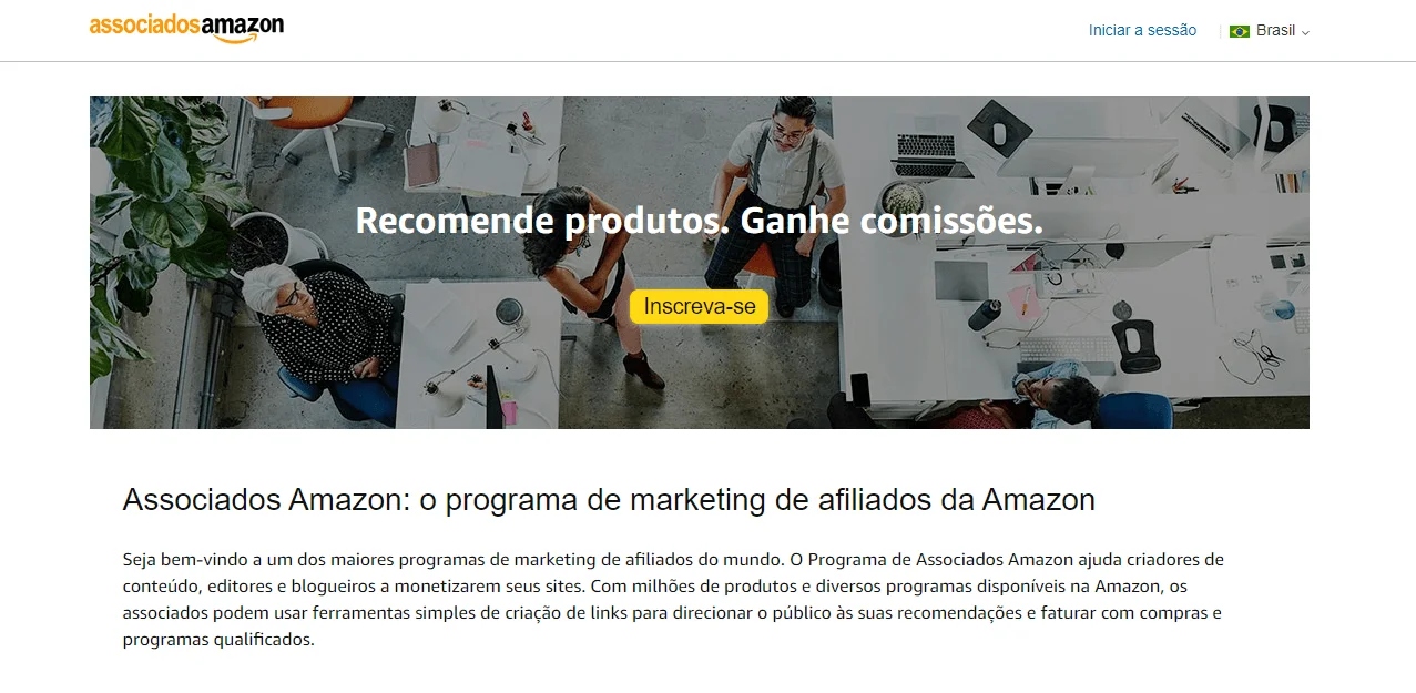 Tela inicial do programa de afiliados do Associados Amazon