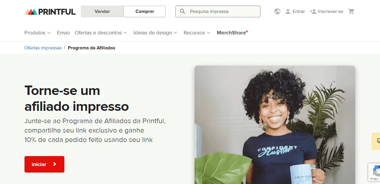 Tela inicial do programa de afiliados do Printful