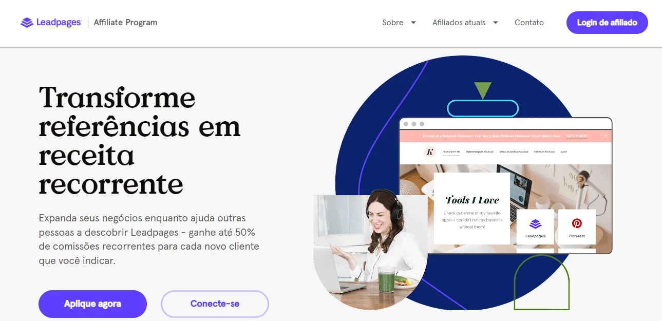 Tela inicial do programa de afiliados do Leadpages