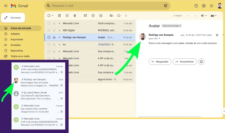 Print das exibições do Gmail no navegador e no celular, com destaque para a posição dos avatares.