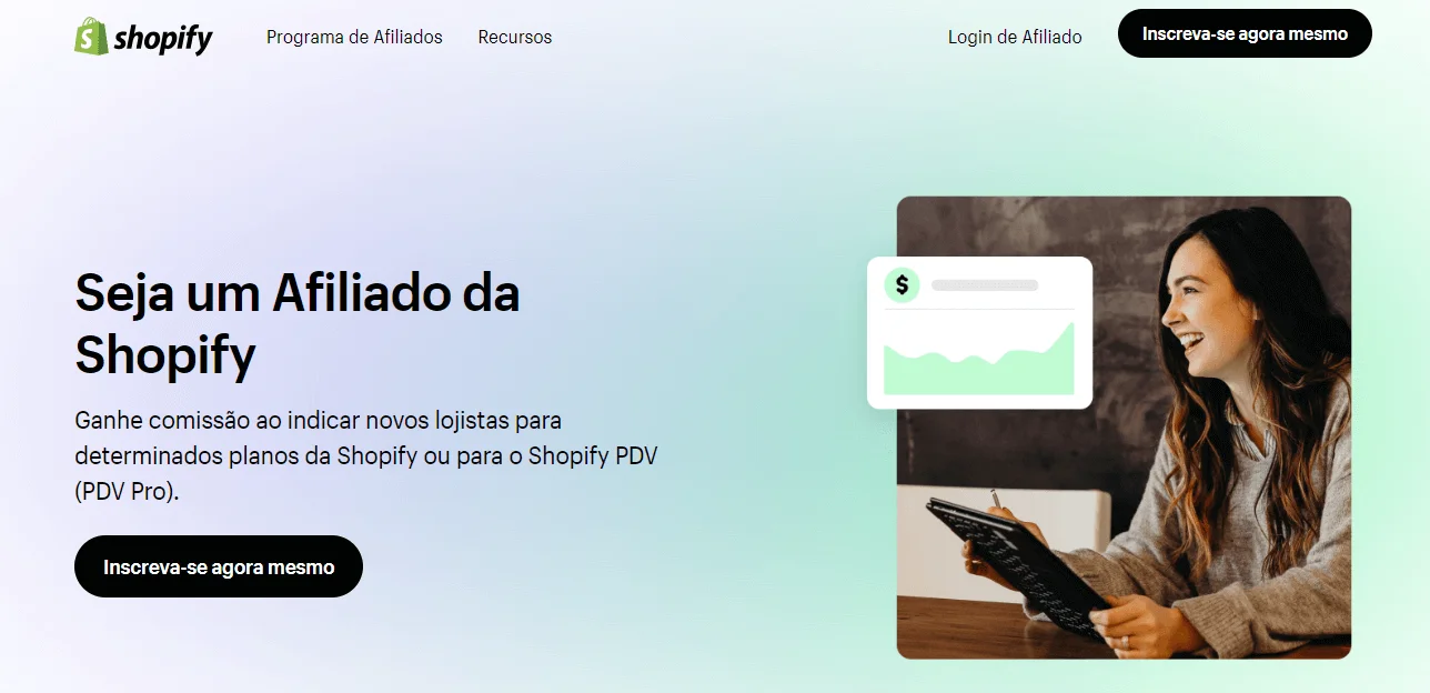 Tela inicial do programa de afiliados do Shopify