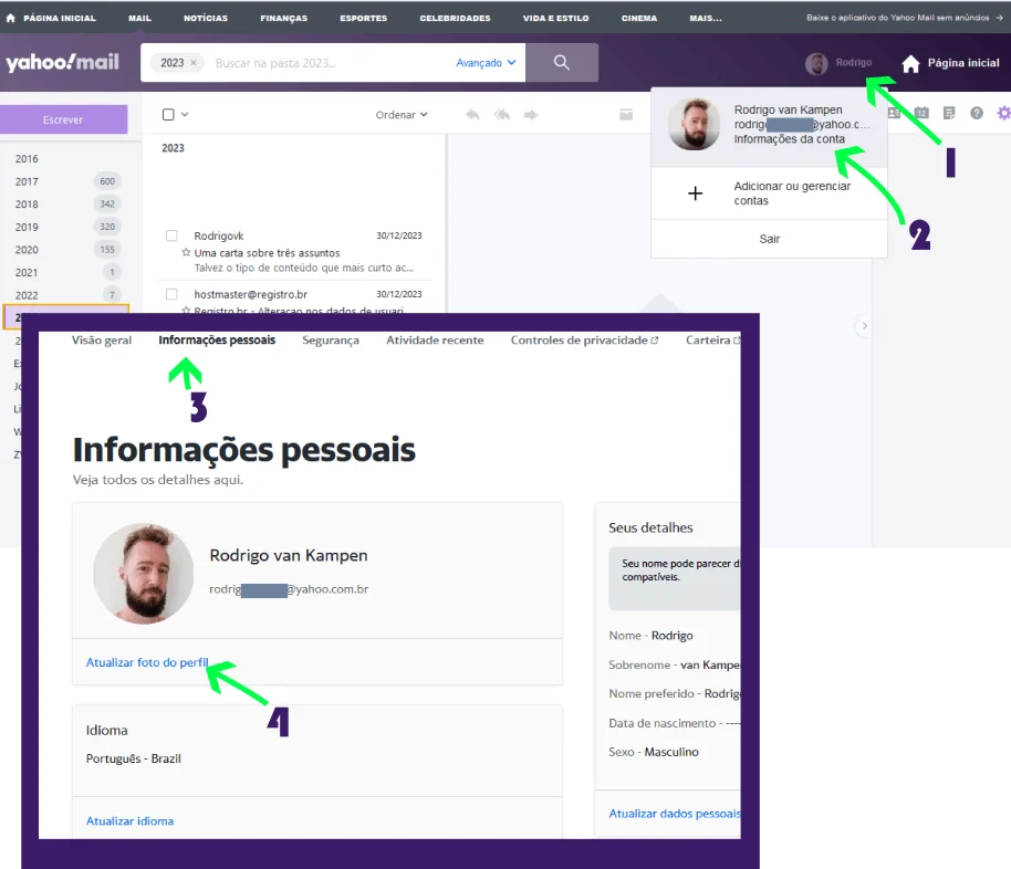 Print das exibições do Gmail no navegador e no celular, com destaque para a posição dos avatares.
