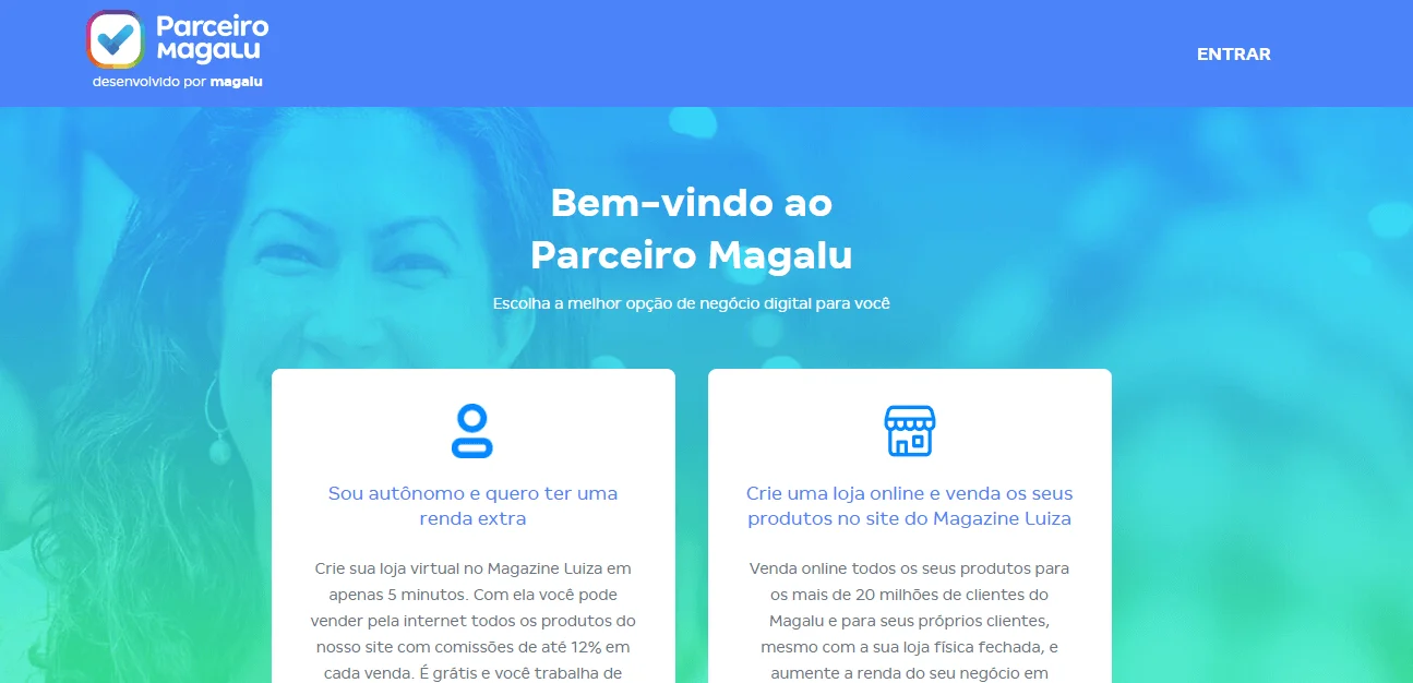 Tela inicial do programa de afiliados do Parceiro Magalu