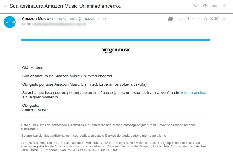 E-mail da Amazon Music informando que a assinatura foi encerrada.