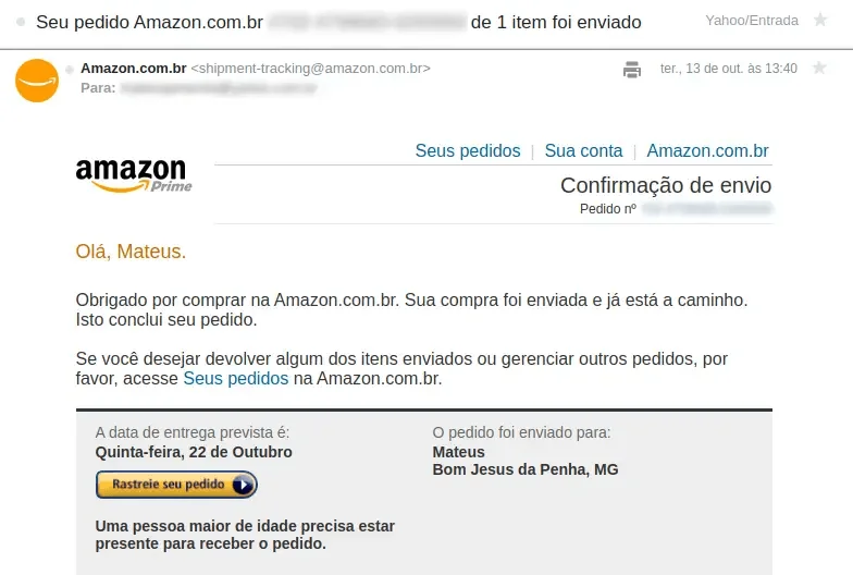 E-mail transacional de confirmação de uma compra na Amazon.