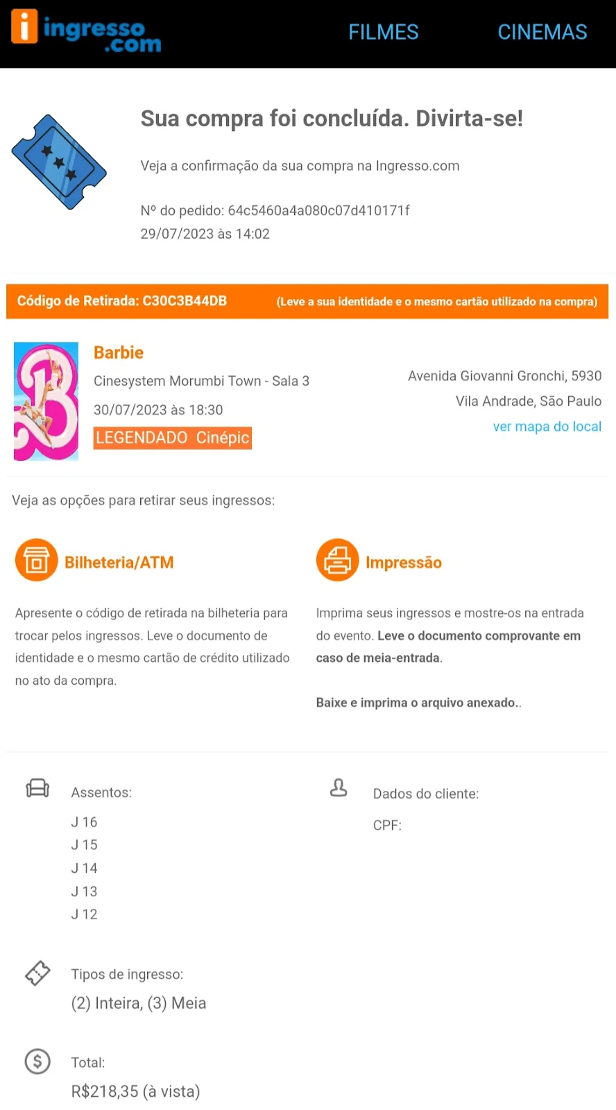E-mail de confirmação de compra para um ingresso de cinema.