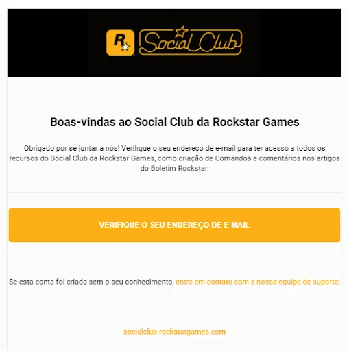 E-mail confirmando a criação de uma conta no Social Club.