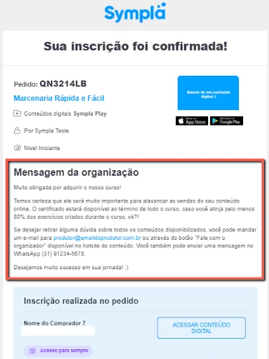 E-mail de confirmação de compra da plataforma de eventos Sympla.