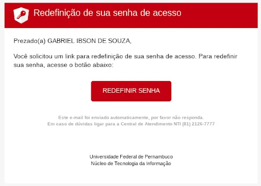 Exemplo de e-mail para redefinição de senha.