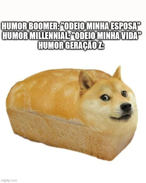 Um meme com o seguinte texto: Humor Boomer: “Odeio minha esposa”; Humor Millennial: “Odeio minha vida”; Humor Geração Z:; seguida de uma montagem de um pão com cara de cachorro.