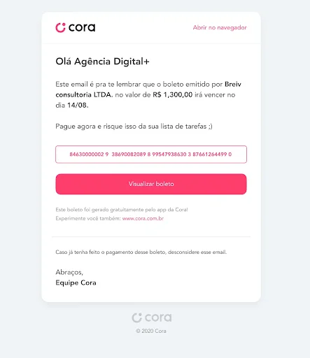 E-mail do banco digital Cora informando sobre a emissão de um boleto.