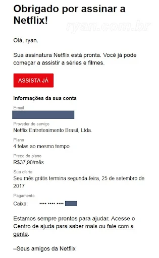 E-mail confirmando uma assinatura da Netflix.