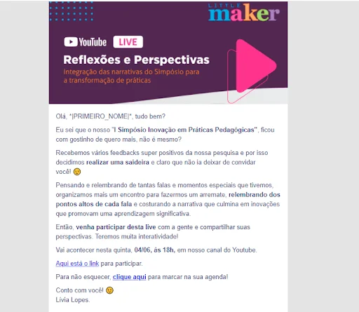 E-mail marketing da Little maker, informando sobre um evento.